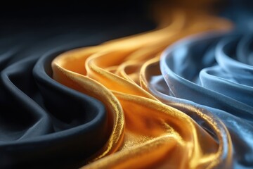 Wall Mural - Elegant abstract backdrop of shimmering golden, deep blue, and light blue fabric waves.
