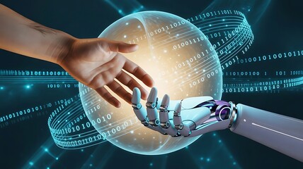 hand with binary code on blue background