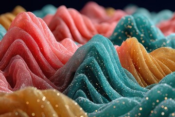 Wall Mural - Abstract waves of shimmering textured fabric in vivid coral, teal, and gold tones.