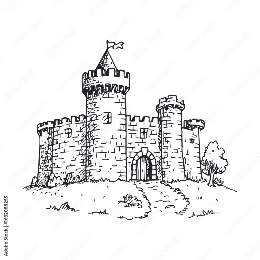Medieval castle sketch with towers and battlements in black and white ...