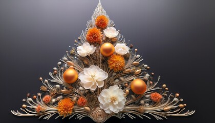 Wall Mural - a fantasy composition in the form of a decorative christmas tree decorated with delicate cream flowers orange dried flowers and transparent glass balls