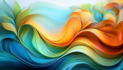 Wall Mural - abstract colorful wave with floral shapes and smooth flowing texture blue yellow green and orange tones creating lively