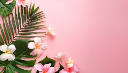 Wall Mural - creative layout composed of tropical flowers and palm leaves on a pastel pink background viewed from above flat lay