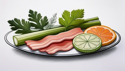 Wall Mural - simple line art of celery maple leaf citrus slice bacon spoon dill vector icon illustration