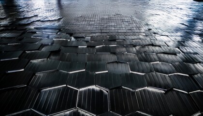 Wall Mural - textured black hexagonal tiles modern architecture digital design indoor environment close up view contemporary concept