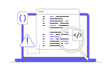 Bug report. Magnifying glass for bugs in computer software program. Bug report. Computer Virus Protection. Tracker Tool on Website. Flat Cartoon Vector Illustration, icon Stylish abstract design web