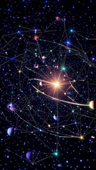 Canvas Print - a cosmic network of glowing lines and nodes surrounds a central starburst, viewed from a top-down an