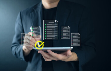 checklist with iso and document concept digital documents and checklists above a laptop professional