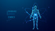 © AntonKhrupinArt - Abstract human body silhouette and nuclear atom model. Science, medicine, and health innovation concepts. AI doctor interface on blue technology background. 3D low poly wireframe vector illustration.