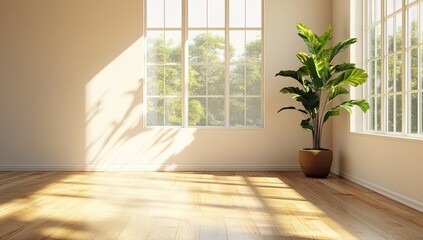 Wall Mural - a bright, airy room with large windows, wooden flooring, and a potted plant, creating a serene and i