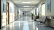 © K99Design - A spacious hospital corridor with white walls, wooden doors, and potted plants. The corridor is well-lit with fluorescent lights and has a clean, modern aesthetic.