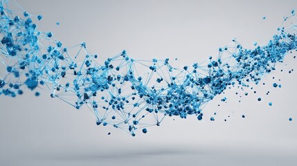Dynamic abstract blue molecular particle network with floating nodes and connecting lines on a soft gradient background, symbolizing futuristic data and biology