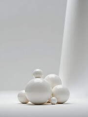 Wall Mural - cluster large white glossy spheres sit atop vast expanse soft grey background gentle diffused light illuminating rounded