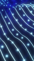 Wall Mural - abstract glowing blue grid with light nodes flowing in wave-like formation on a dark background