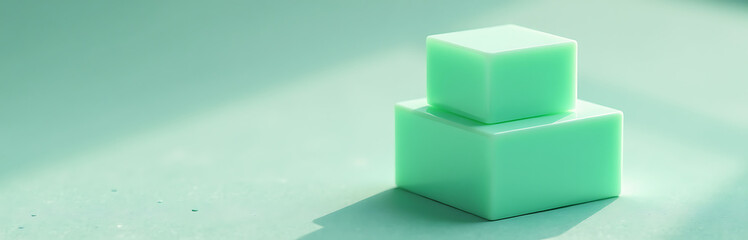Wall Mural - two stacked light green cubes vibrant sheen atop weathered gray background illuminated soft overhead natural light