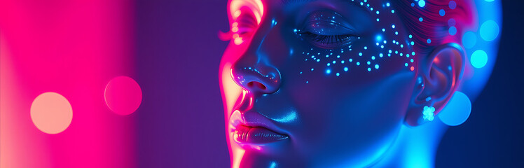 Wall Mural - transparent glass face illuminated vibrant pink bokeh light foreground soft blue bokeh lights subtly