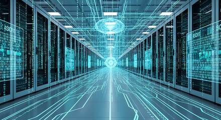 Futuristic Data Center with Binary Code and Glowing Network Connections.