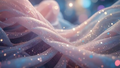 Magical peach soft tulle fabric embedded with glitter being spread gently, sparkling highlights, colorful bokeh lighting, fantasy inspired.