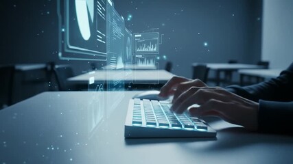 Typing on Keyboard with Digital Data Displayed Information Technology Concept