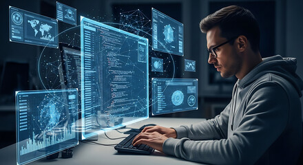 Focused programmer coding at night, surrounded by holographic data displays.