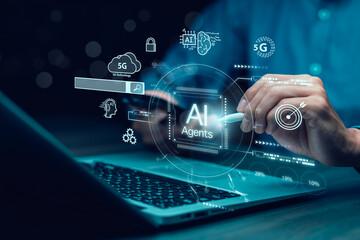 AI Agents and  software interface concept,virtual assistant for customer service, futuristic smart automation with  AI assistant for graphic design, translation and chatbot.
