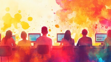 Colorful abstract art depicting programmers working on computers.