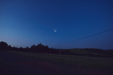Wall Mural - morning old moon with stars, planets and rural countryside tree silhouettes.