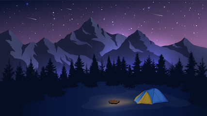 Wall Mural - Night landscape. Tent, bonfire, forest, mountains on the background of the starry sky. Summer camp, camping, outdoor recreation, tourist design. Vector illustration. 