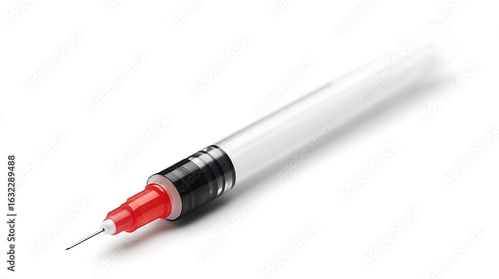 A close-up image of a syringe with a red cap and a thin needle ...