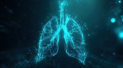 Futuristic 3D lung projection in cyan, glowing gently with digital light effects on a dark tech-inspired backdrop.