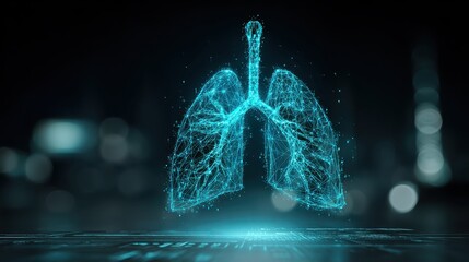 Futuristic 3D lung projection in cyan, glowing gently with digital light effects on a dark tech-inspired backdrop.