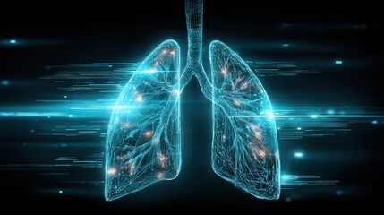 Futuristic 3D lung projection in cyan, glowing gently with digital light effects on a dark tech-inspired backdrop.
