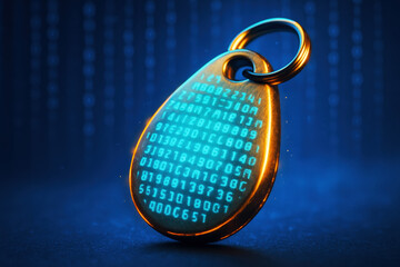a futuristic keychain with a glowing qr code design highlighting digital encryption and cybersecurit