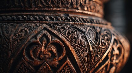 Close-up of intricate wood carvings on a decorative vessel