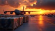 © CreativeSuburb - Cargo plane preparing for takeoff at sunset with packages in foreground