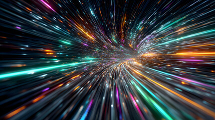 Wall Mural - vibrant photo of 3d render, abstract neon background, space tunnel turning to left, ultra violet ray