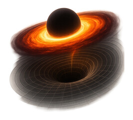 Wall Mural - digital illustration of a black hole with swirling orange accretion disk and a gravitational pull di