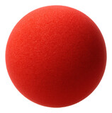 Bright red foam clown nose ball with a textured surface on transparent background.