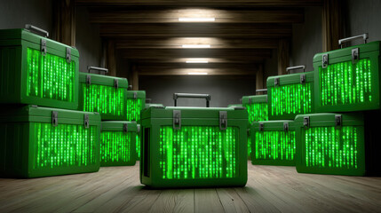 green container with digital code loading dark area showing futuristic technology and data storage s