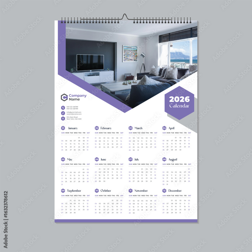 2026 wall calendar template Stock Vector | Adobe Stock