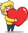 © Kinza - A cartoon boy with blond hair happily hugging a large red heart on a white background illustration