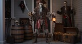 Halloween porch scene with pirate skeleton treasure chests barrels  skull mask decoration