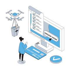 Wall Mural - food delivery 3d isometric concept with isometry people design for web. woman making online order in