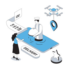 Wall Mural - food delivery 3d isometric concept with isometry people design for web. woman making online order in
