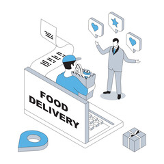 Wall Mural - food delivery 3d isometric concept with isometry people design for web. man making online order in g