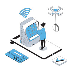 Wall Mural - mobile banking 3d isometric concept with isometry people design for web. woman using atm terminal fo