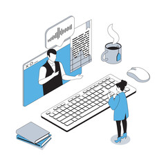 Wall Mural - Online education 3d isometric concept with isometry people design for web. Woman watching video lecture with teacher, preparing to lessons and examining at conference meeting. Vector illustration
