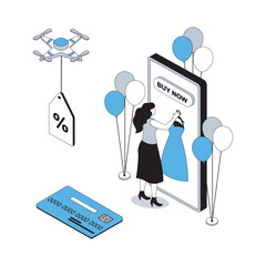 Wall Mural - online shopping 3d isometric concept with isometry people design for web. woman choosing new clothes