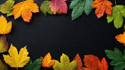 Canvas Print - colorful autumn leaves border a dark textured surface. transitioning from green to red, the leaves e