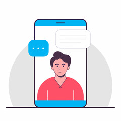 Man communicating via video call with message bubbles on screen
